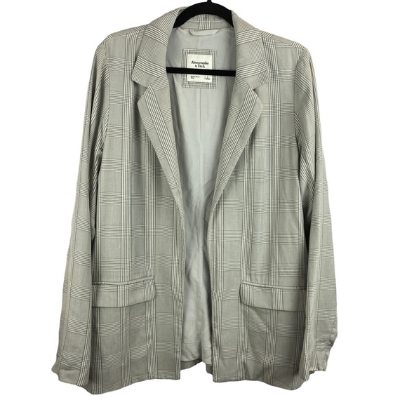 Abercrombie & Fitch Neutral Plaid Academia Preppy Open Front Blazer Large Grey - Picture 2 of 9